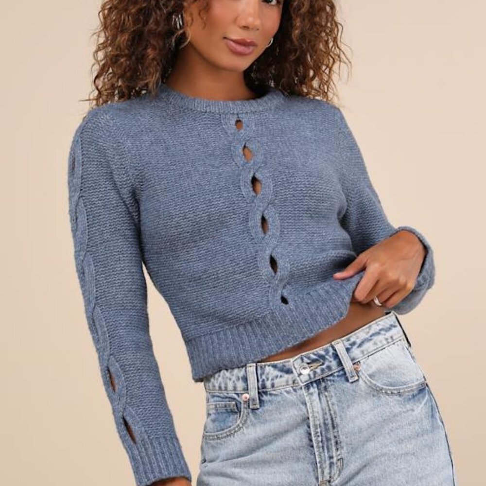 Lulus Cutout For Winter Heather Slate Blue Cable Knit Cutout Sweater - Size S